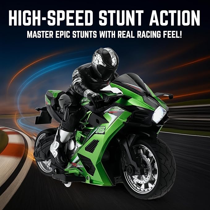 Liberty Imports 2.4G RC Remote Control Stunt Motorcycle with Riding Figure 1:10 Scale High Speed Cross Country 360 Degree Rotation Drift Shockproof Racing Motorbike (Green)
