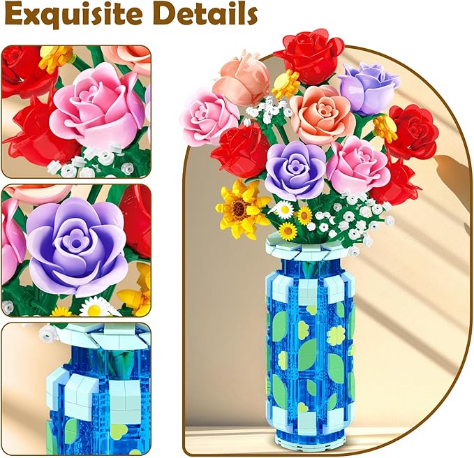 Roses Flowers Building Set with Vase &amp LED Light Easter/Birthday Day Gift for Her/Him 16 Mini Flowers Bouquet Building Blocks Toy Artificial Flowers for Home Office Decor &amp Display