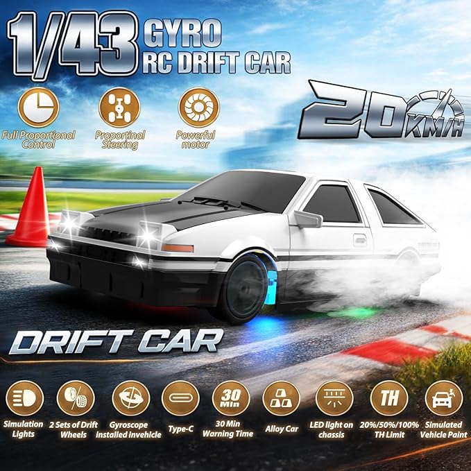 RC Drift Car 1/43 Mini RC Drift Car with Gyro 2.4GHz Full Proportional Control 20KM/H 4WD High Speed Remote Control Alloy LED Lights &amp Drift Tires Toys Gift for Adults Boys and Girls
