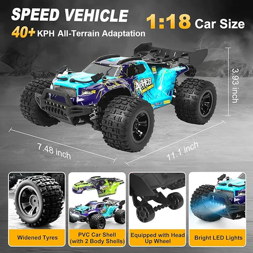 1:18 Scale All-Terrain RC Car for Adults - 40+KM/H High Speed 4WD Off-Road Remote Control Truck with 2 Rechargeable Batteries 2.4GHz Electric Toy Vehicle Gift for Teens and 14+ (1:18 Scale)