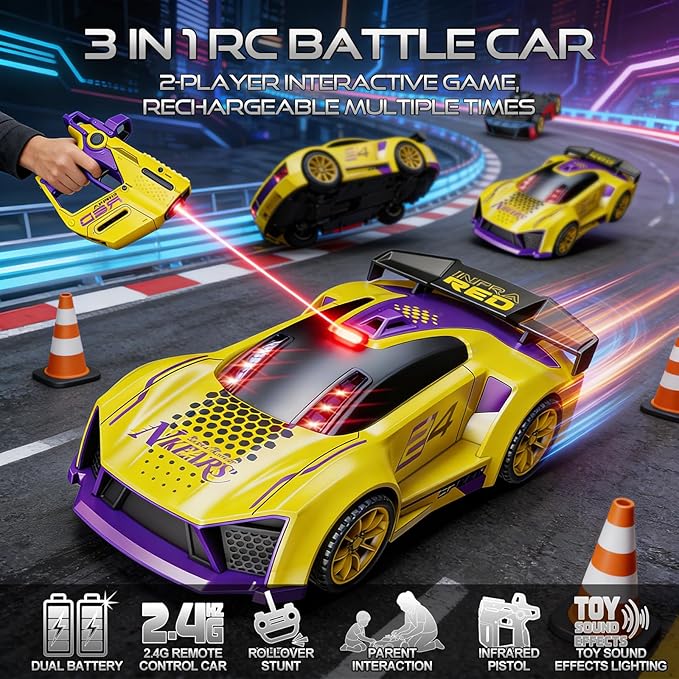 Remote Control Car with Shooting Game 3 IN 1 Parent-Child Drift RC Car 2.4G Stunt Toys with Infrared Gun Christmas Birthday Gifts for 3 4 5 6 7 8 9 10 Year Old Kids Boys Girls Age 4-7 8-12 (Yellow)