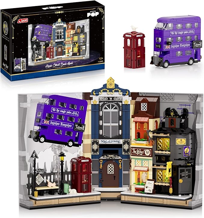 Wizarding Magic Street &amp Floating Iconic Bus Building Set - Enchanted Shop Scene Book Nook Building Set Collectible Fantasy Model for Fans &amp Kids Birthday Gift Idea