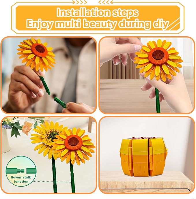 Flowers Sunflower Building Sets for Adults Van Gogh Prints Art Botanical Collection for Woman Girls 14+ Artificial Pot Bouquet Plants Kits Home Decor/Christmas/Valentine/Mother's Day Birthday Gifts