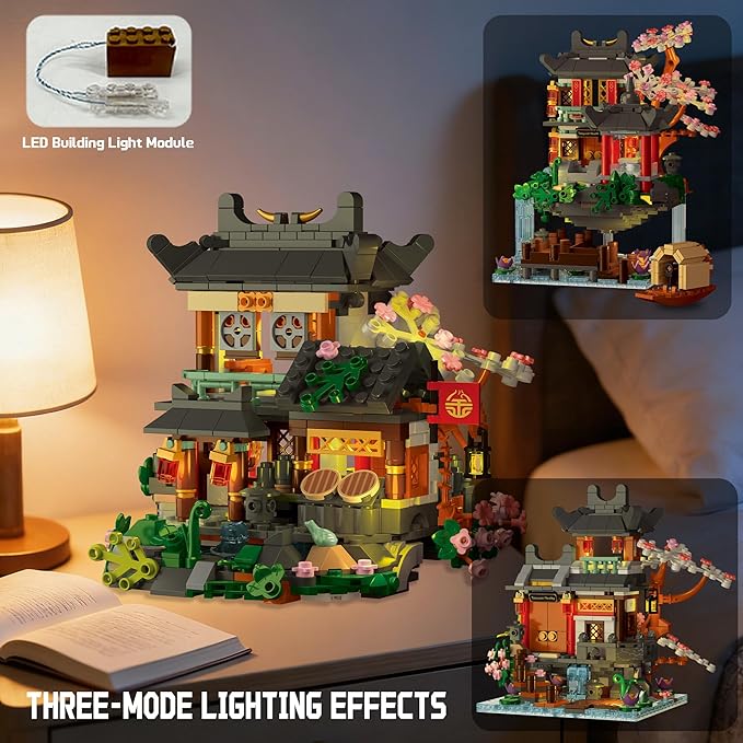 Peach Blossom Bonsai Tree House Building Set with Light 3 in 1 Compatible with Lego Japanese Architecture Model Collection for Adults Girls - 1095PCS