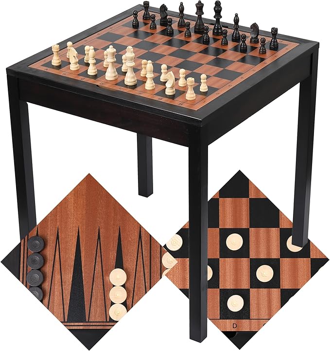 Sterling Games Wooden Chess Table | Chess Checkers and Backgammon 3 in 1 Combo Game Table Furniture Set 25 x 25 4 King Dark Zebra