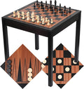 Sterling Games Wooden Chess Table | Chess Checkers and Backgammon 3 in 1 Combo Game Table Furniture Set 25 x 25 4 King Dark Zebra