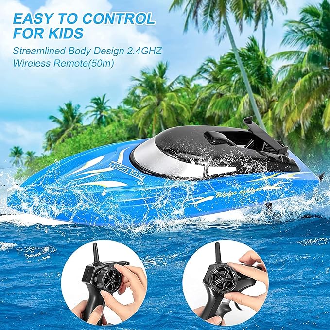 2PACK RC BoatRemote Control Boats for Kids and Adults10km/H 2.4G High Speed Remote Control BoatFast RC Boats for Pools and Lakes with 4 Rechargeable Battery.(Blue+Red)