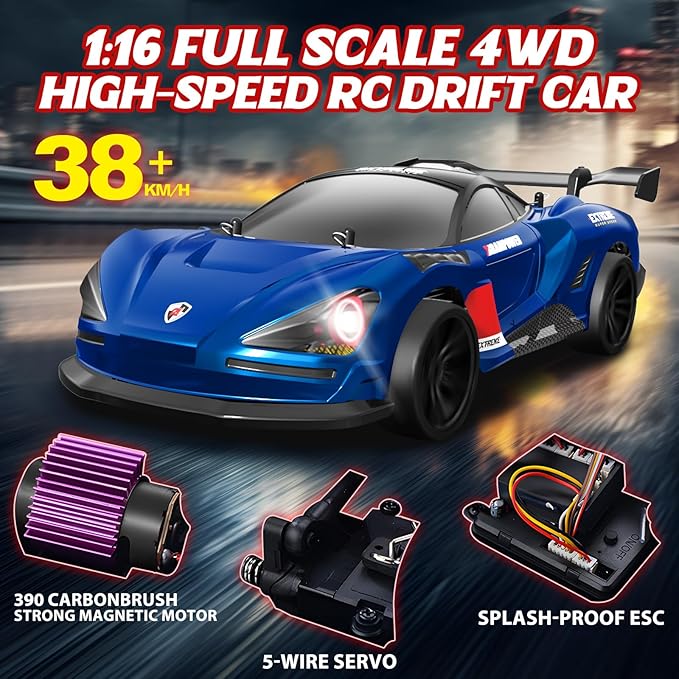 1/16 Fast RC Cars for Adults RC Drift Car 38KM/H High-Speed 4WD Full Proportional Control 6 LED Light Modes 2 Rechargeable Batteries RTR Drifting for Adults Gift for Boys Kids and Girls