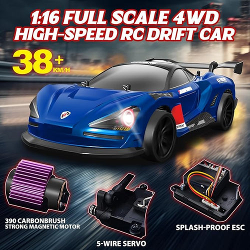 1/16 Fast RC Cars for Adults RC Drift Car 38KM/H High-Speed 4WD Full Proportional Control 6 LED Light Modes 2 Rechargeable Batteries RTR Drifting for Adults Gift for Boys Kids and Girls