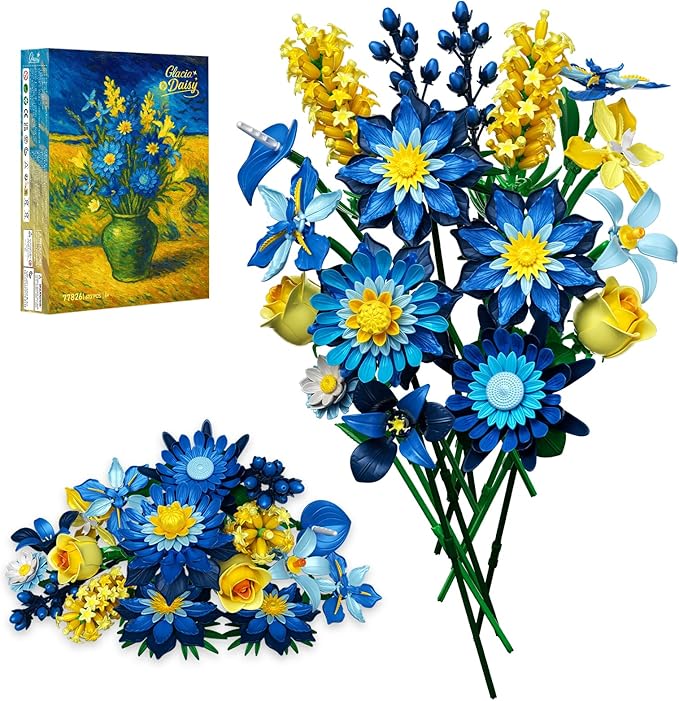 Glacia Daisy Flower Bouquet Building Kit Art-Inspired Ice Blue Floral Arrangement with Premium Blocks Eternal DIY Flower Decor for Home for Christmas Day Building Set for Adults &amp Kids