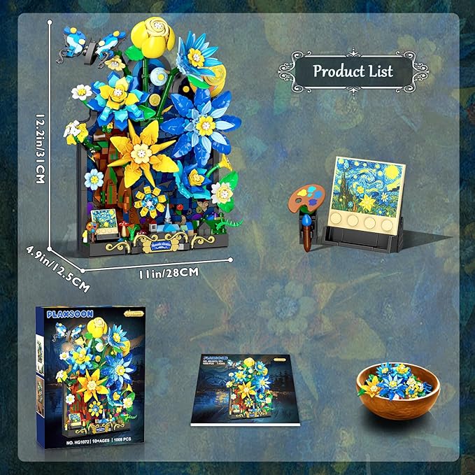 Starry Night Flower Wall Building Set with Lights Botanical Collection Famous Painting Artwork Building Block with Butterfly 1008 PCS Home Wall Decor for Adults Girls 10+