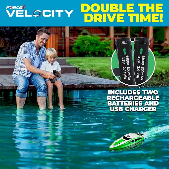 Force1 Velocity Green Fast RC Boat- Remote Control Boats for Adults and Kids Underwater Speed Racing Mini RC Toy for Pools and Lakes 2.4GHZ Transmitter 2 Rechargeable Batteries Low Battery Alert