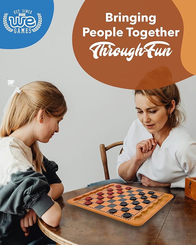 WE Games Solid Wood Checkers Board Game – 14.5-Inch Vintage Checkers Set with Inset Grooves &amp 24 Red &amp Black Board Game Pieces – Fun Family Table Game