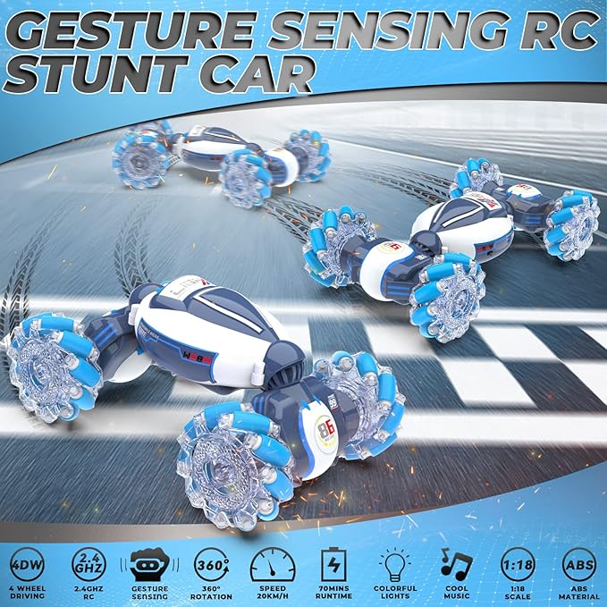 Gesture Sensing RC Stunt Car - Boys Toys Age 6-12 360° Rotating 4WD Hand Controlled Remote Control Twist Car with Light &amp Music Cool Birthday Presents and Ideas Gifts for Kids Age 7 9 10 11 12 y