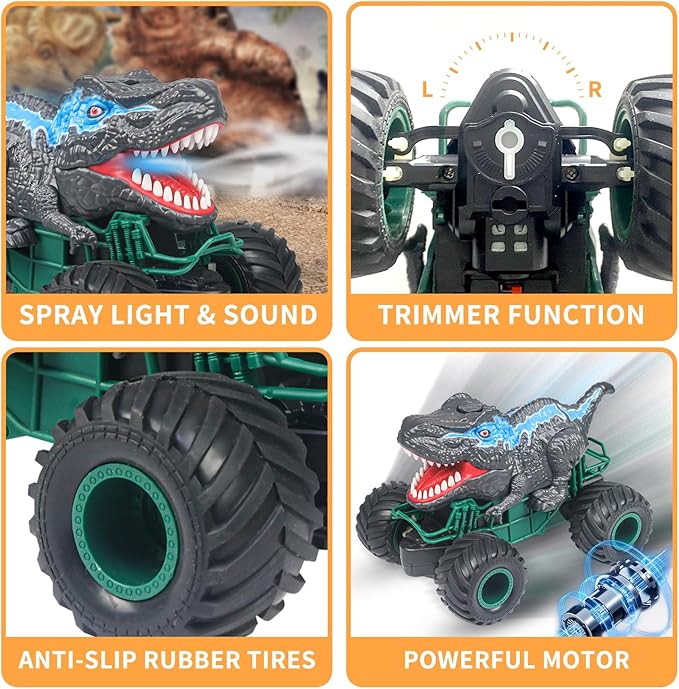 Dinosaur Remote Control Car 2.4GHz RC Mega Monster Truck Toys for Toddlers Dinosaur Toys with Light Sound Spray Christmas and Birthday Gifts for 3 4 5 6 7 8-12 Kids BoysAll Terrain RC Cars