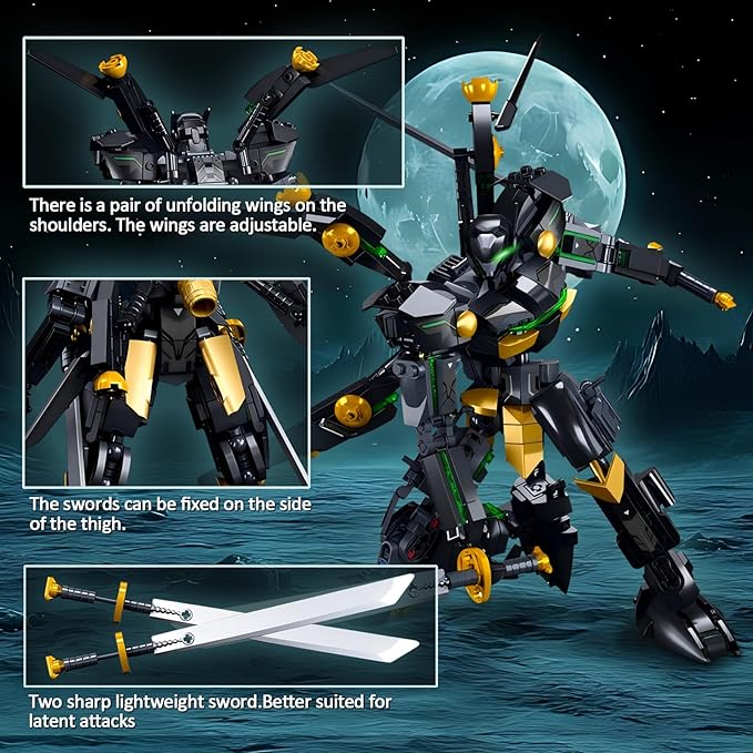 HIGH GODO Black Bat Mech Building Blocks Set for Adults Robot Model Building Kit with Wings and Swords Weapons 534 Pieces Creative Collectible Gift for Teens