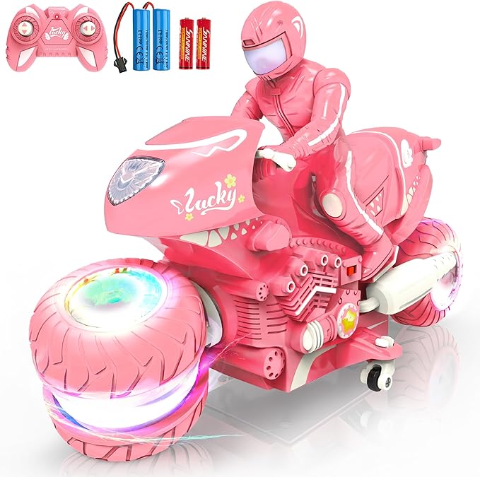 Remote Control Motorcycle for Girls with RGB Wheels Lights RC Motorbike Toy 360° Rotations 55 Min Play Stunt Motocross with Rider 2.4Ghz RC Dirt Bike Birthday Xmas for Girls 4-12 (Pink)