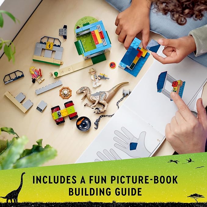 LEGO Jurassic Park Velociraptor Escape 76957 Learn to Build Dinosaur Toy for Boys and Girls Gift for Kids Aged 4 and Up Featuring a Buildable Dinosaur Pen Off-Roader Vehicle and 2 Minifigures
