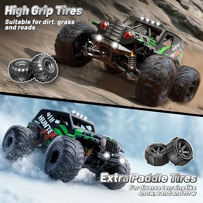RC Cars 1:14 Scale 4WD Off-Road Monster Truck Rc 40+ KM/H 4X4 Waterproof ESC Remote Control Car with Dual 7.4V 1300mAh Batteries Extra Paddle Tires &amp Full Roll-Cage Frame for Adults &amp Boys