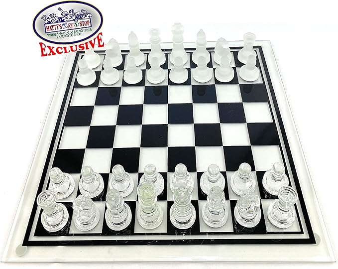 Matty's Toy Stop Deluxe Frosted &amp Clear Glass Chess Set (14) Large