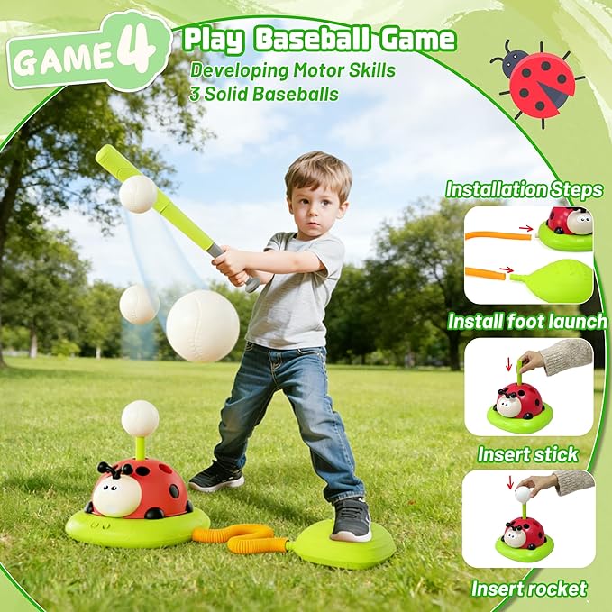 5 in 1 Musical Jump Bean Bag Toss Ring Game Baseball Toys and Stomping Launch Rocket Launcher for Kids Remote Control Indoor Outdoor Sports Toys for Kids Ages 4-8 3-5 Birthday Easter Gifts