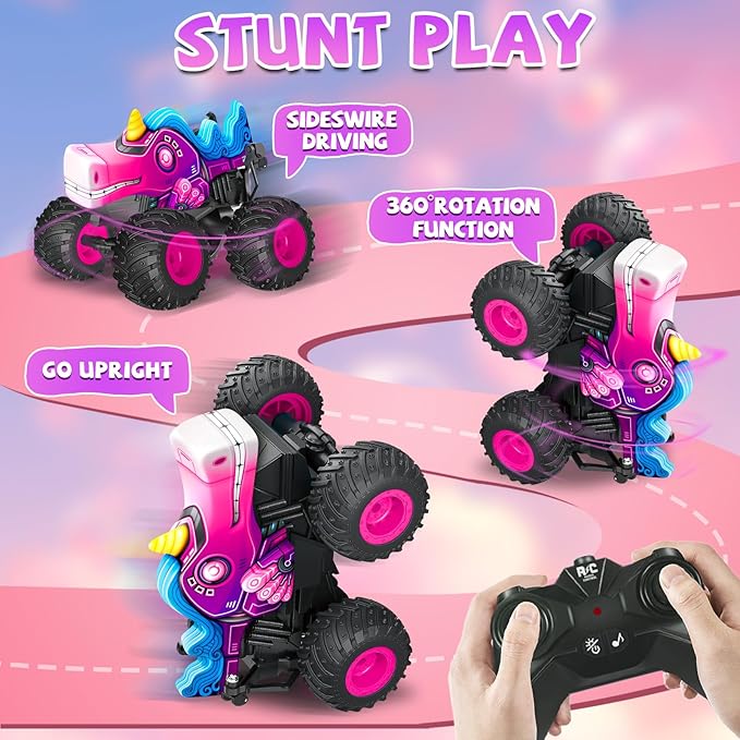 Remote Control Car 2.4Ghz Unicorn Rc Monster Truck for Girls Rchargeable Rc Truck with Lights &amp Music 360° Rotating Stunts RC Cars Toys Birthday Easter Gifts for Kids 3-5 6 7 8-12