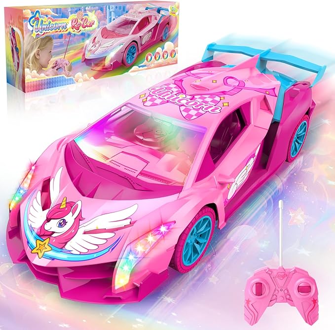 Unicorn RC Car for Girls Rainbow Glow &amp Drift Wing Remote Control Car2.4GHz RC Cars 1:18 ScaleKids Toys Age 3 4 5 6 7 8 9 10 11 12Girls Birthday GiftsValentines Day Gifts for Kids 3-12 Year O