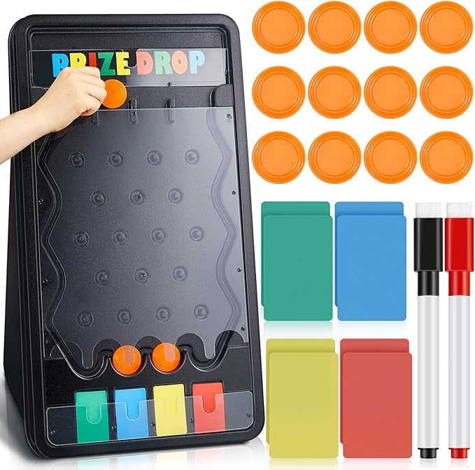 25 x 14 Inch Prize Drop Board Foldable Stand Disk Drop Board Game Customizable 4 Slots with 12 Pucks 8 Colored Paper and 2 Marker for Carnival Tradeshow Party (25 x 14 Inch)