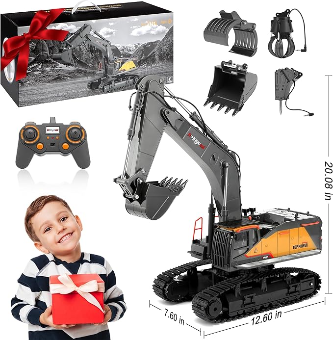 kolegend 1:14 RC Excavator 25 Channel 4 in 1 Construction ToysRemote Control Vehicles Tractor Sandbox Toys Diggerwith Metal BucketDrill BitGripper &amp Wood Gripper RC Truck