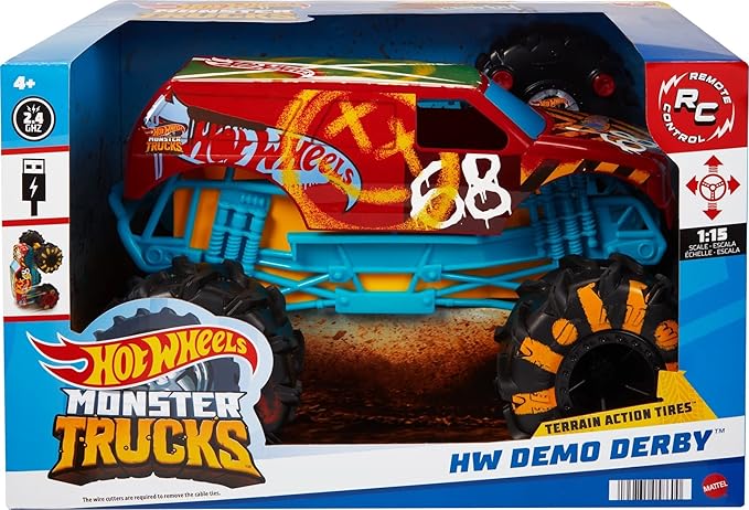 Hot Wheels RC Monster Trucks HW Demo Derby in 1:15 Scale Remote-Control Toy Truck with Terrain Action Tires