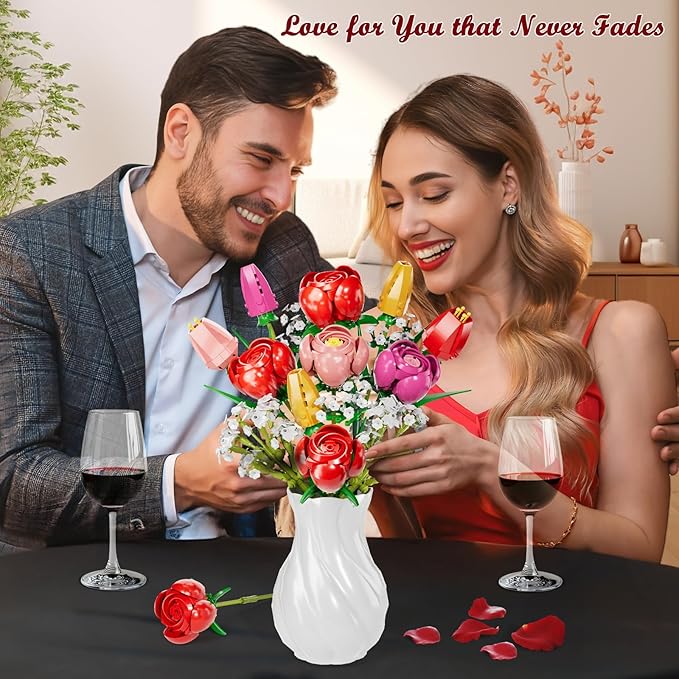 Utbttor Flower Bouquet Building Kit Red Rose &amp Tulips 680 Pcs Building Blocks Set - Valentine's Day Mother's Day Christmas Birthday Gift for Adults Women Her Home Office Decor No Vase
