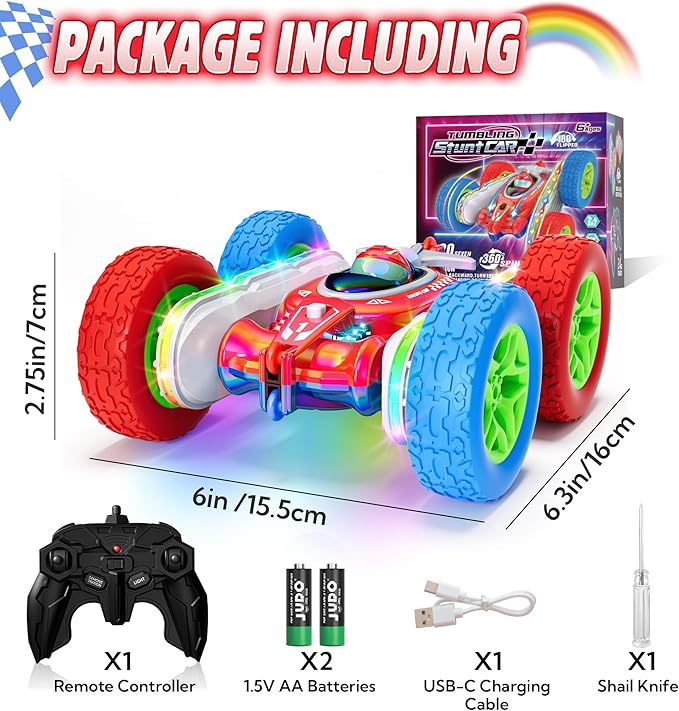 Remote Control Car Kids Toys with Shiny Electroplated Finish RC Cars Stunt Toy with LED Lights 2.4GHz Double-Sided 360° Flips USB-C Fast Charging Perfect Birthday Xmas Gift Boys