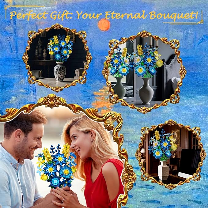 Glacia Daisy Flower Bouquet Building Kit Art-Inspired Ice Blue Floral Arrangement with Premium Blocks Eternal DIY Flower Decor for Home for Christmas Day Building Set for Adults &amp Kids