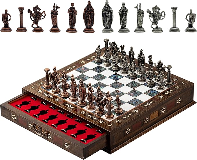 15’’ Unique Handmade Chess Set – Handmade Wooden Storage Board with Metal Chess Pieces – Luxury Gift for Men and Collectors – Gift for Dad (Purple)