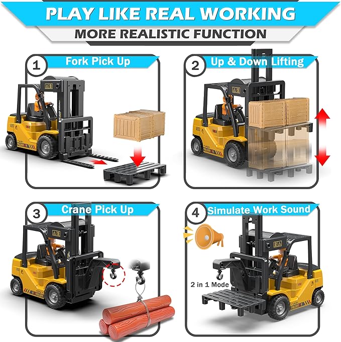 RC Forklift Truck 2 in 1 Transform Lift Fork &amp Hook Kids Forklift Toy 11 Channel Remote Control Forklift for Adults 2 Battery Spray Light RC Construction Vehicles Toy for Kids 6+ Gift