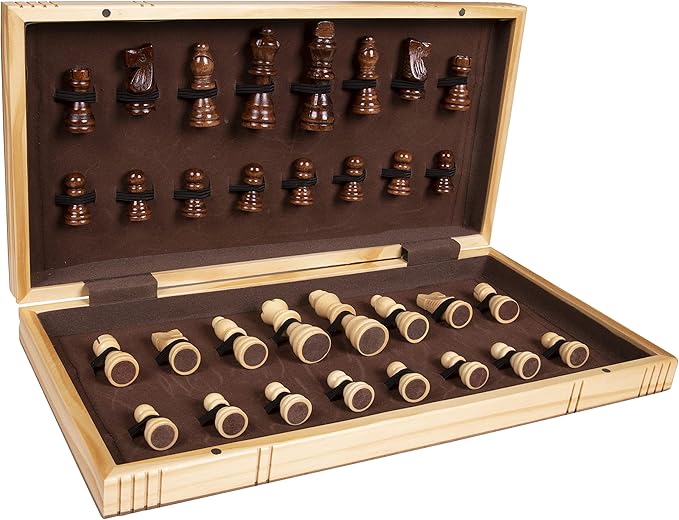 Premium Wooden Chess Set 15.7 Inches Chess Board Game Set for Adults - Folding Board - Pieces Storage Slots Handmade Portable Travel Chess Game - Beginner Chess Set for Kids 6 up Age