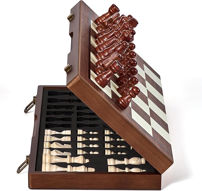 MerryPony 2 in 1 Wooden Chess and Checkers Set Magnetic – 15 inch Folding Board Game with Strong Magnetic Chess Pieces with 2 Extra Queens Portable Travel Beginner Chess Game Set for Adults Family