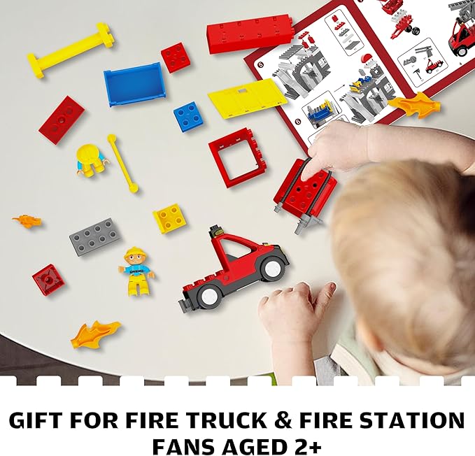 Fire Station Playset Fire Trucks for Toddlers 3-5 Classic Big Building Blocks Compatible with Lego Fire Station and DUPLOs for Age 3-5 Firefighter Gifts Firetruck Toys 3-5 Years Old