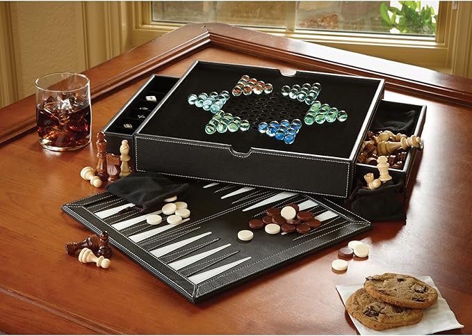 Mainstreet Classics Broadway 5-in-1 Combo Board Game Set: Chess Checkers Backgammon Chinese Checkers and Dice Games