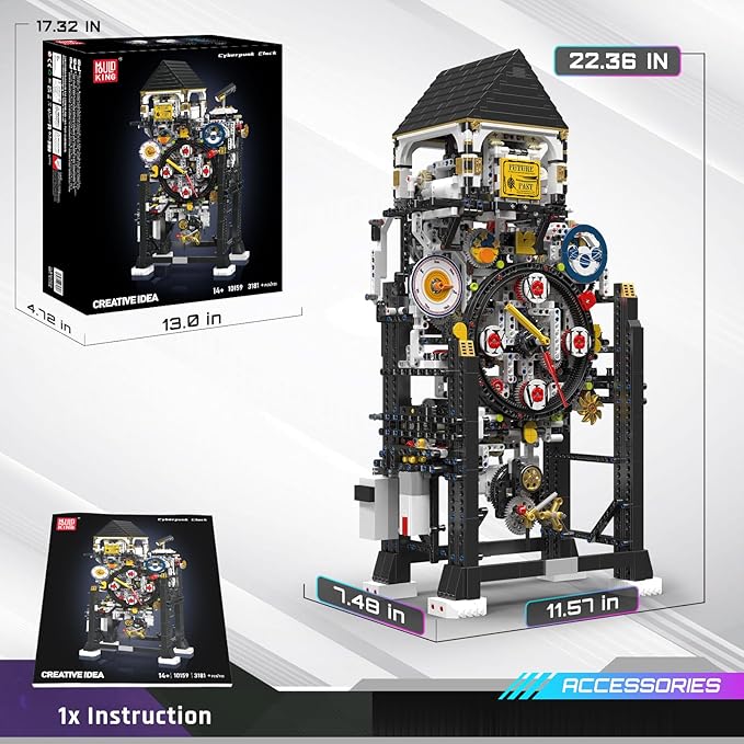 Mould King Cyberpunk Clock Building Set 3181+ Pcs Building Blocks Kits That Run with Chiming Bird &amp 4 Dials Electric Alarm Clock Model Kit with Motor Collectible Building Toys for Adults and Te
