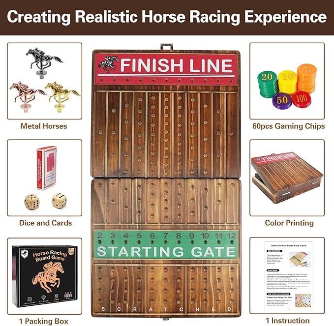 FUNNYB&ampG 21 inches Horse Race Board Game Foldable Large Horse Racing Game for Adults with 11 Metal Horses Solid Wood 60 Pcs Poker Chips 2 Dice 1 Pack of Cards for Family Tabletop Parties(Brown)