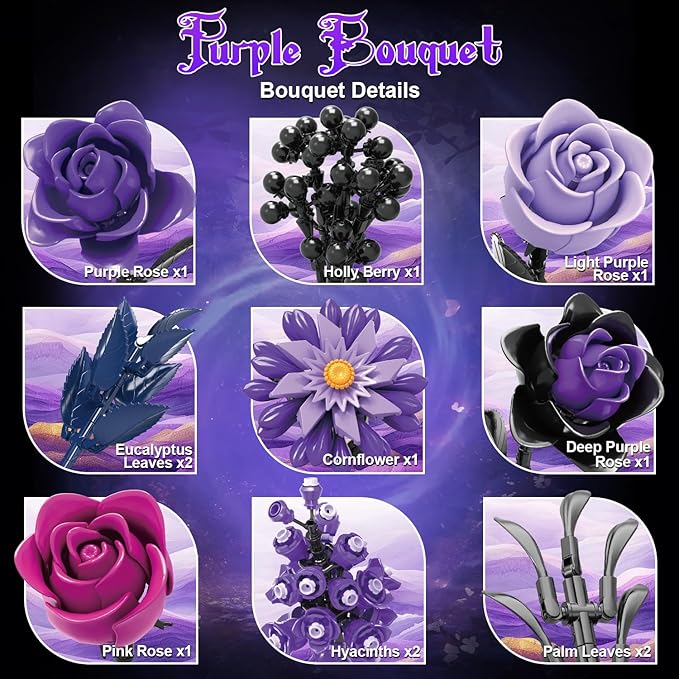 Gohero Purple Roses Building Blocks Set (822PCS) - Lego Compatible Flowers for Adults Gothic Home Decor for Women &amp Teen Girls Making It an Ideal Gift for Halloween Valentine's Day.