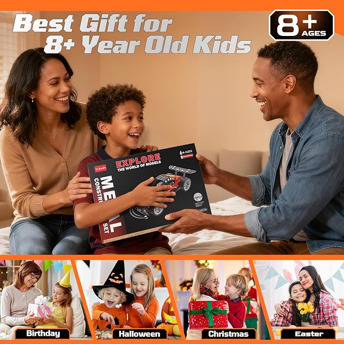 Metal Building Set Race Car Construction Kit Educational STEM Toy with Wheels Orange and Black