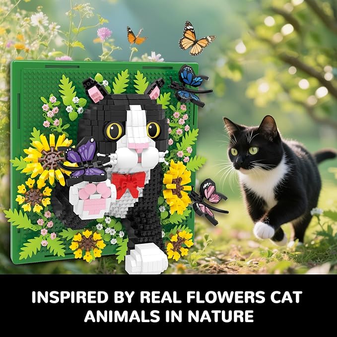 Flowers Tuxedo Cat Animal 3D Wall Art Micro Mini Building Blocks Set Unique Home Wall Decor or Table Display No Compatible with Lego Ideal Gift Toy for Adults &amp Boys Girls 14+ (1402 PCS)