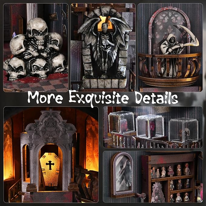 Book Nook Kit DIY Doll House Booknook Miniature Kit for Bookshelf Doll Houses for Adults Teen Halloween 3D Wooden Puzzle Bookends with Led Light and Dust Cover (Haunting Relics)