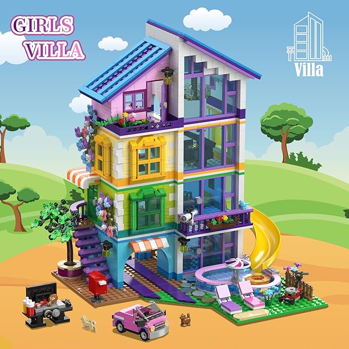 HOGOKIDS Girls House Building Set with LED Light - 1317 PCS Friends Villa Block Toy with Car and Pool Garden 4 Floor Building Kit for Role Play Birthday Gift for Girls Boys Kids Ages 8-14+