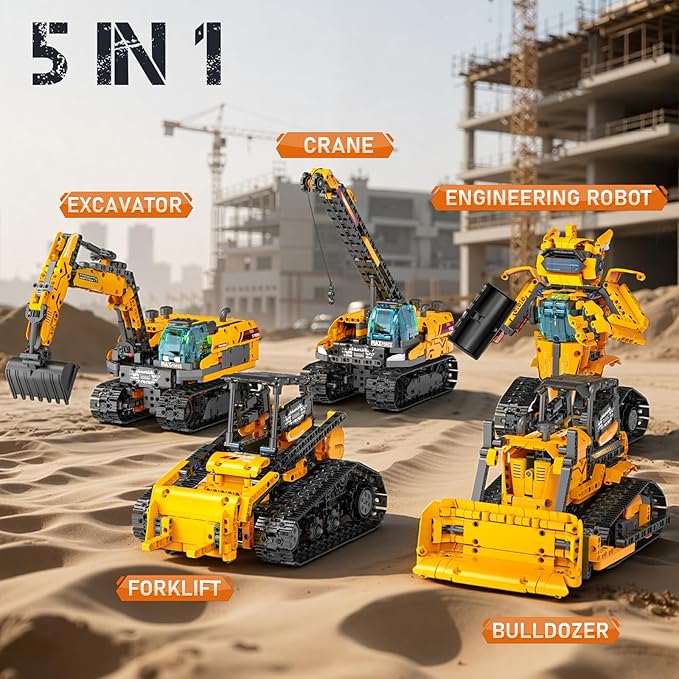 5in1 STEM Robot Building Kits for Kids 6-14 Remote &amp APP Controlled STEM Excavator/Bulldozer/Crane/Robot Building Toys 736 Pcs Educational Building Sets for Kids Erector Sets Gifts for Boys Gir