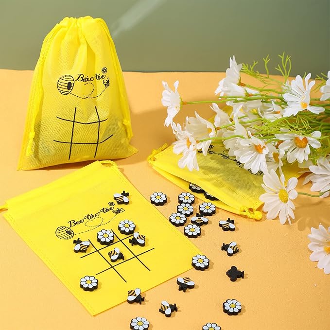 Sumind 36 Sets Bee Tic Tac Toe Game Bee Party Favors for Kid Mini Flowers Honeybee Drawstring Gift Bags for Boys Girls Back to School Birthday Baby Shower Classroom Party Supplies