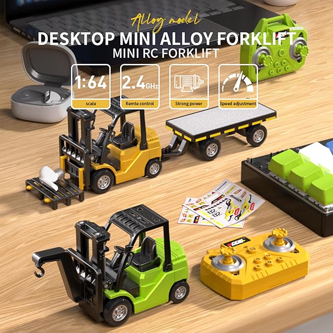 Mini RC Forklift Toy 3 in 1 Remote Control Forklift Trailer 10 Channel Mini Forklift Remote Control with Liftable Fork &amp Hook 1/64 Desktop RC Construction Vehicles for Adults Kids Boy Gift