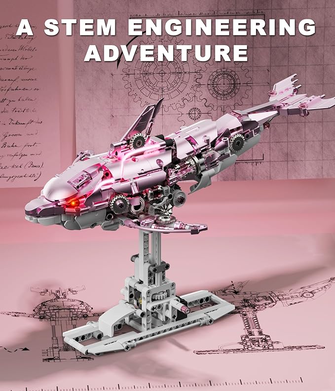 Mechanical Dolphin Building Kit Hand Crank Building Toys with Moving Jaw Swimming Tail &amp Glowing Light Effects STEM Educational Toy &amp Unique Desk Decor for Ages 8+ &amp Adults Pink
